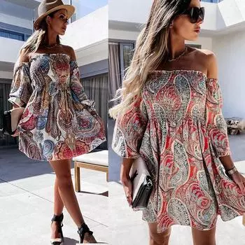 Женское праздничное повседневное платье в богемном стиле с открытыми плечами и вырезом лодочкой с длинными рукавами S синий