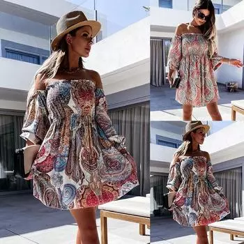 Женское праздничное повседневное платье в богемном стиле с открытыми плечами и вырезом лодочкой с длинными рукавами S синий