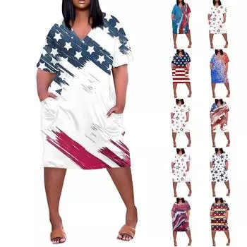 Женское праздничное повседневное свободное платье с v-образным вырезом и рукавами с принтом ко Дню независимости L синий