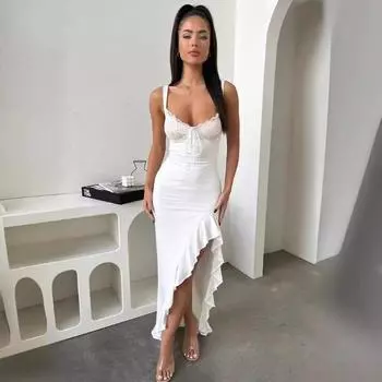 Женское праздничное сексуальное облегающее платье с завязками на декольте Spice Lace Lotus Swing Design Halter Slim Dress S белый