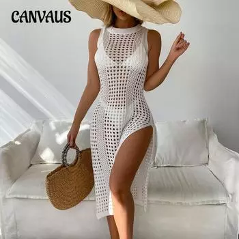 Женское праздничное сексуальное однотонное платье с круглым вырезом без рукавов, дышащее вязаное длинное платье с высоким разрезом, пляжные солнцезащитные накидки