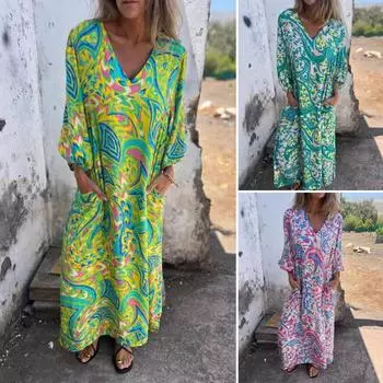 Женское принтованное макси-платье весна-лето с V-образным вырезом в стиле бохо, праздничное платье с длинными рукавами, свободное платье с карманами для повседневной жизни, вечеринок, пляжа XL розовый