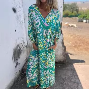 Женское принтованное макси-платье весна-лето с V-образным вырезом в стиле бохо, праздничное платье с длинными рукавами, свободное платье с карманами для повседневной жизни, вечеринок, пляжа XL светло-зеленый