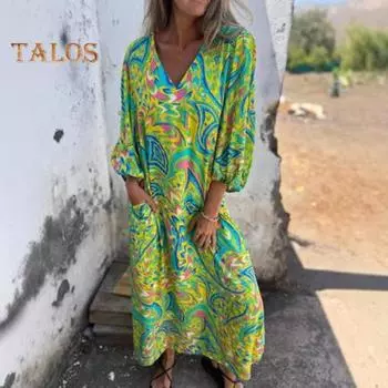 Женское принтованное макси-платье весна-лето с V-образным вырезом в стиле бохо, праздничное платье с длинными рукавами, свободное платье с карманами для повседневной жизни, вечеринок, пляжа L зелёный