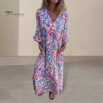 Женское принтованное макси-платье весна-лето с V-образным вырезом в стиле бохо, праздничное платье с длинными рукавами, свободное платье с карманами для повседневной жизни, вечеринок, пляжа M розовый