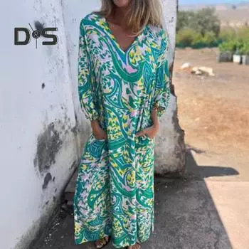 Женское принтованное макси-платье весна-лето с V-образным вырезом в стиле бохо, праздничное платье с длинными рукавами, свободное платье с карманами для повседневной жизни, вечеринок, пляжа L зелёный