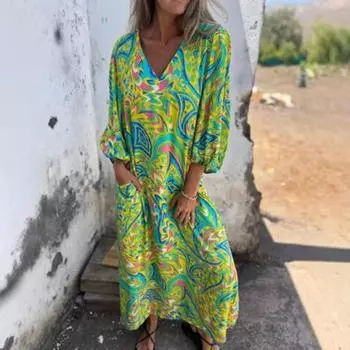 Женское принтованное макси-платье весна-лето с V-образным вырезом в стиле бохо с длинными рукавами M розовый