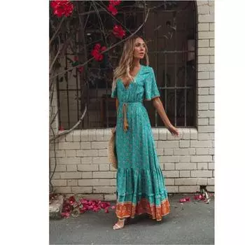 Женское принтованное платье в стиле бохо, длинное платье S бордовый