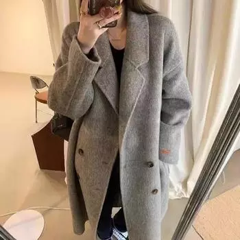 Женское приталенное пальто из шерсти альпаки, сшитое вручную, двухстороннее - коллекция осень/зима 2024 г. M 130-150 catties