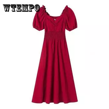 Женское простое элегантное ретро платье Platycodon Grandiflorum во французском сплошном цвете с квадратным воротником и талией, тонкое платье XXL красный