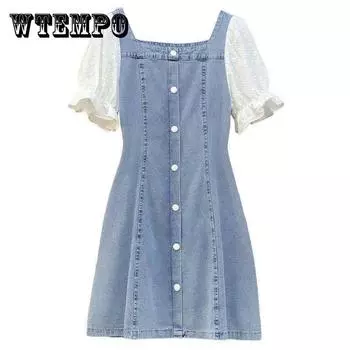 Женское простое джинсовое платье с тонкими кружевными швами и квадратным вырезом с объемными рукавами, элегантное платье средней длины XL