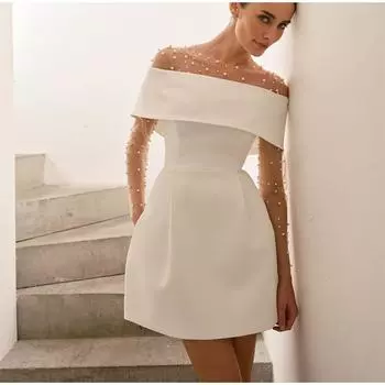 Женское простое лоскутное вечернее платье с открытыми плечами, весна-лето, мини-платье с коротким рукавом, вырез-лодочка, однотонное женское платье S белый