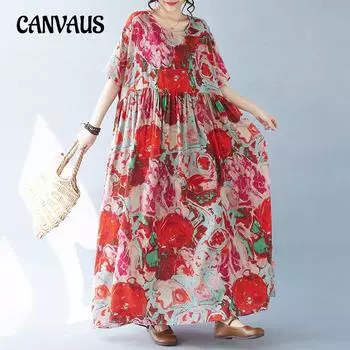 Женское простое модное богемное длинное платье больших размеров, летние платья с коротким рукавом и круглым вырезом с принтом One Size красный