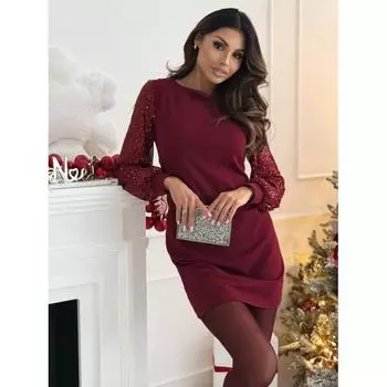 Женское простое модное однотонное платье с круглым вырезом, пайетками и длинными рукавами в стиле пэчворк S бордовый