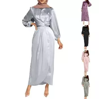 Женское простое однотонное свободное атласное платье с запахом спереди и неровным подолом L