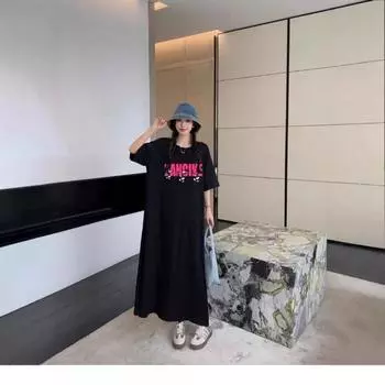 Женское простое повседневное платье с круглым вырезом и короткими рукавами, летнее платье средней длины с разрезом M чёрный