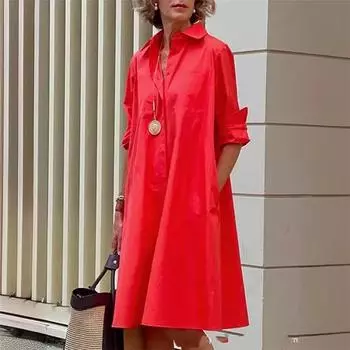 Женское простое свободное платье-рубашка с длинными рукавами и лацканами L