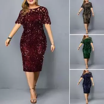 Женское прозрачное лоскутное платье с круглым вырезом и рукавами 3/4, блестящие блестки, облегающее платье до колен 3XL зелёный