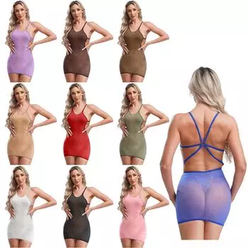 Женское прозрачное нижнее белье платье с V-образным вырезом и вырезом на шее с открытой спиной мини-платье с бретелькой через шею одежда для ночного клуба One Size