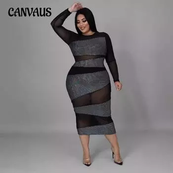 Женское прозрачное платье с длинным рукавом больших размеров XL чёрный