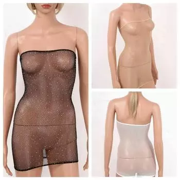 Женское прозрачное сетчатое белье с блестящими стразами, эластичное облегающее мини-платье Babydoll чёрный