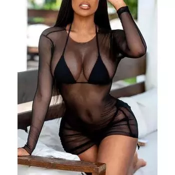 Женское прозрачное сетчатое мини-платье, прозрачное нижнее белье, бикини, пляжное прикрытие, длинные топы S чёрный