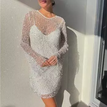 Женское прозрачное сетчатое платье-двойка с подтяжками и бусинами-пузырями M