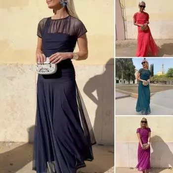 Женское прозрачное сетчатое платье, повседневное, с коротким рукавом, с круглым вырезом, плиссированное, длинное, обтягивающее талию, клубные платья для вечеринок, женские облегающие вечерние платья L красный