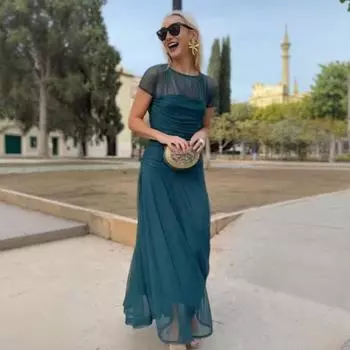 Женское прозрачное сетчатое платье, повседневное, с коротким рукавом, с круглым вырезом, плиссированное, длинное, обтягивающее талию, клубные платья для вечеринок, женские облегающие вечерние платья L красный