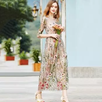 Женское прозрачное сетчатое платье с вышивкой, юбка на подтяжках, платье из двух частей L