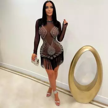 Женское прозрачное вечернее платье с длинными рукавами и бриллиантами, наряды на день рождения, сексуальная клубная одежда, новое шикарное прозрачное ночное платье с кисточками XXL абрикосовый