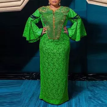 Женское прямое платье большого размера с v-образным вырезом и длинными рукавами и принтом 5XL зелёный