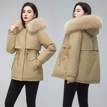 Женское пуховое пальто, новинка 2023 года, зимнее свободное пальто, короткое плюшевое утолщенное хлопковое пальто M хаки