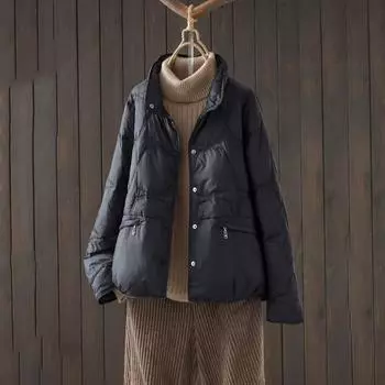 Женское пуховое пальто зима 2024 года, новое модное свободное пальто-кокон из белого утиного пуха с воротником-стойкой Dongdaemun M чёрный