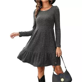 Женское пуловерное платье с длинным рукавом, женское повседневное платье трапециевидной формы с круглым вырезом, осень и зима
