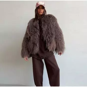 Женское пушистое искусственное меховое пальто, легкое свободное пальто с круглым вырезом и длинными рукавами, роскошное пальто в стиле ретро, новое модное пальто большого размера S коричневый