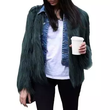 Женское пушистое пальто с длинным рукавом, кардиган из искусственного меха с открытой передней частью, пушистая парка M зелёный