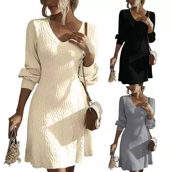 Женское рабочее модное платье с V-образным вырезом, трикотажное платье А-силуэта с длинными рукавами L бежевый