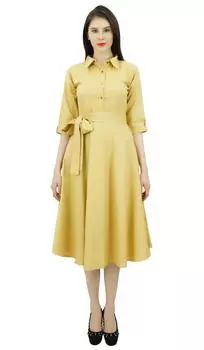 Женское расклешенное платье-рубашка Bimba с рукавами 3/4, льняным воротником и воротником, с боковыми сторонами 10 темно-синий