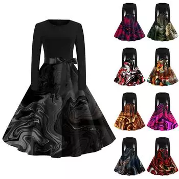 Женское расклешенное платье с принтом для женщин, платье с длинным рукавом, вечерние повседневные платья L
