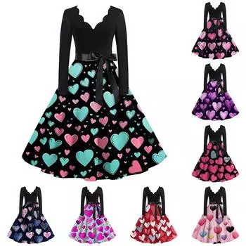 Женское расклешенное платье с принтом для женщин, платье с длинным рукавом, вечерние повседневные платья L чёрный