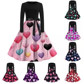 Женское расклешенное платье с принтом для женщин, платье с длинным рукавом, вечерние повседневные платья L чёрный