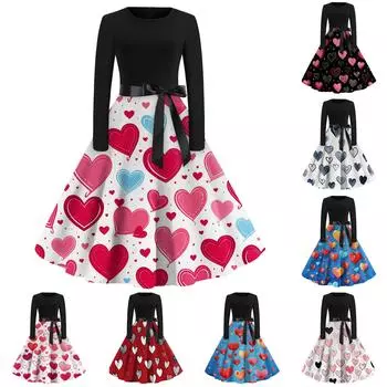 Женское расклешенное платье с принтом для женщин, платье с длинным рукавом, вечерние повседневные платья L чёрный