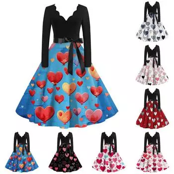 Женское расклешенное платье с принтом для женщин, платье с длинным рукавом, вечерние повседневные платья L чёрный