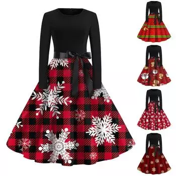 Женское расклешенное платье с принтом на Хэллоуин для женщин, платье с длинным рукавом, вечерние повседневные платья M красный