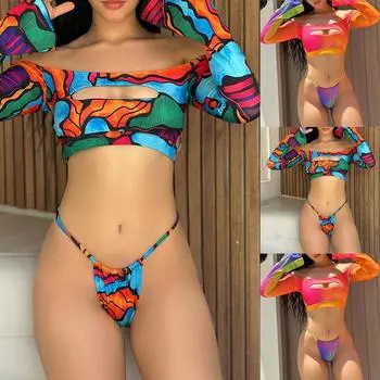 Женское разделенное сексуальное бикини, модное с подкладкой для бюстгальтера, без стального бюстгальтера, купальник L разноцветный