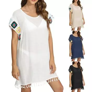 Женское разноцветное лоскутное платье ручной вязки с цветочным принтом, бикини, наружный чехол-U One Size бежевый