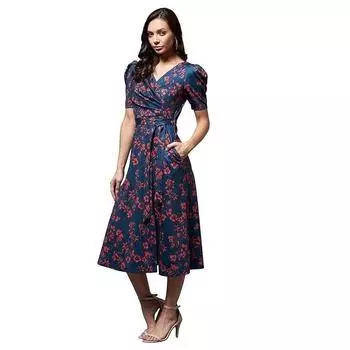 Женское разноцветное платье-миди с V-образным вырезом, плиссированными рукавами-фонариками, цветочным принтом и запахом, синее, VF-505 XS-34