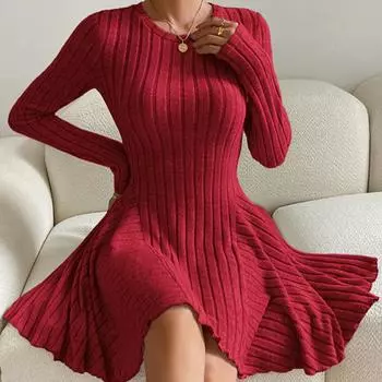 Женское ребристое трикотажное платье осень-зима элегантное шикарное длинное рукава с круглым вырезом и высокой талией корсет тонкое плиссированное мини-платье уличная одежда S красный