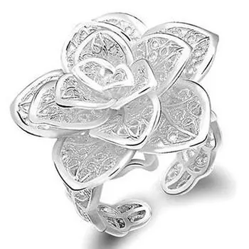 Женское регулируемое модное стильное полое кольцо с цветком розы и посеребренным покрытием 1